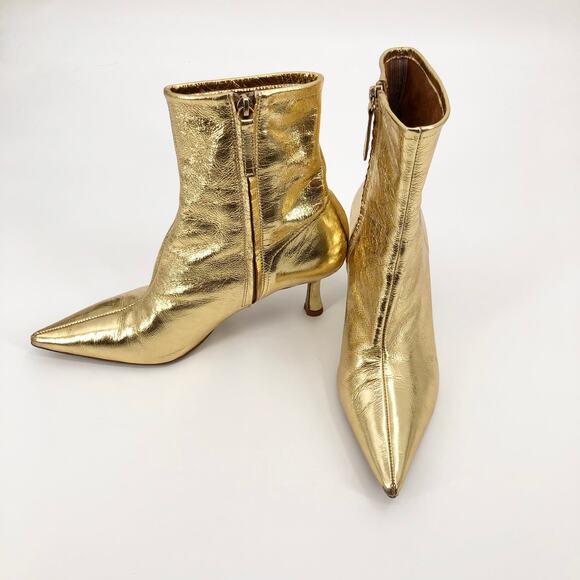Zara Metallic Gold Leather Kitten Heel Booties Shiny Pointed Toe Boots Size 39/8 - Picture 6 of 11